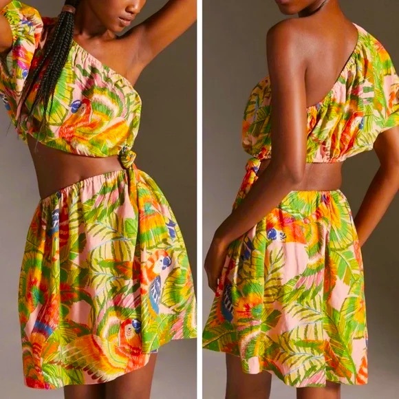 NWOT $165 FARM Rio Macaw Leaves
Cutout Waist Linen Blend Dress!    Size M - Picture 1 of 16
